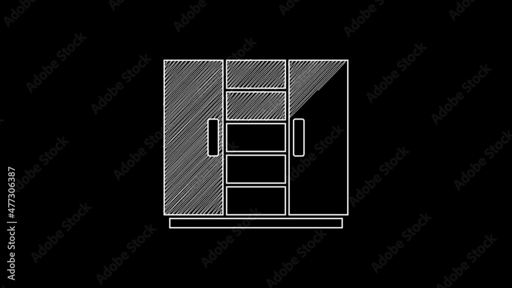 Poster white line wardrobe icon isolated on black background. 4k video motion graphic animation