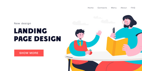 Woman teaching boy vector illustration. Teacher and student sitting in front of each other, reading book, writing, talking. Education concept for banner, website design or landing web page