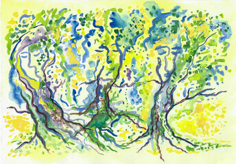 Fototapeta na wymiar Magical forest with living trees. Druids. Animated silhouettes of old oaks faces. Illustration of magical mystical forest in yellow-green-blue colors. Dancing trees Fairy tale. Crowns leaves foliage 