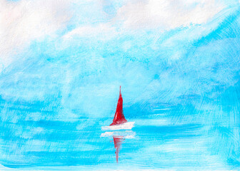 Red sail floats on the calm surface of the water with reflections. Beautiful seascape with blue sky...