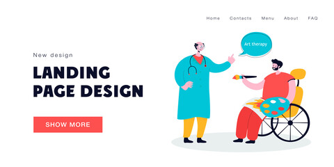 Disabled man drawing vector illustration. Male character in wheelchair with paints and brush. Doctor explaining, helping. Art therapy concept for banner, website design, landing web page