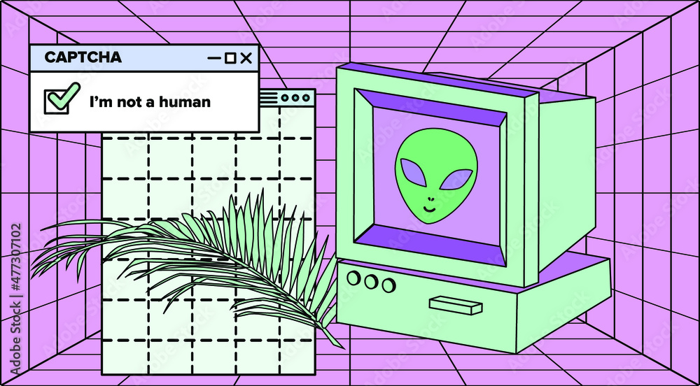 Poster old retro computer with crt monitor. vaporwave vintage style aesthetics.