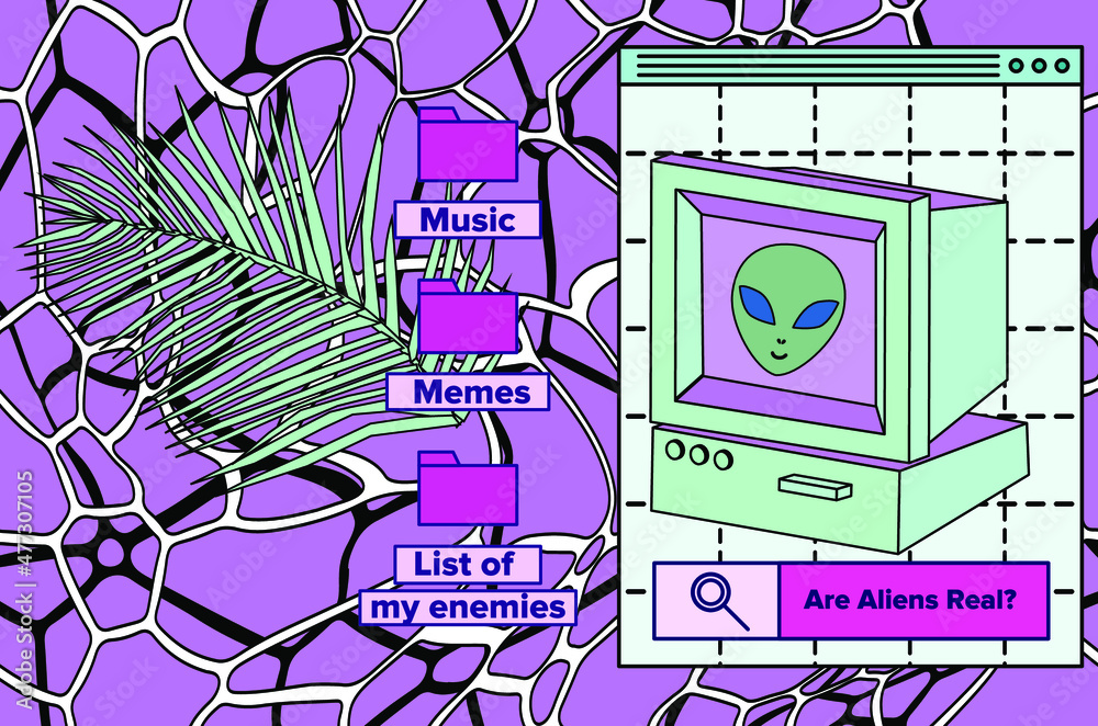 Poster old retro computer with crt monitor. vaporwave vintage style aesthetics.