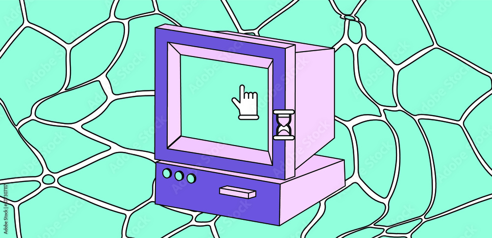 Poster old retro computer with crt monitor. vaporwave vintage style aesthetics.