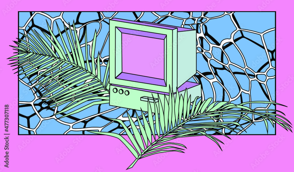 Poster old retro computer with crt monitor. vaporwave vintage style aesthetics.