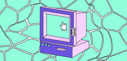 Old retro computer with CRT monitor. Vaporwave vintage style aesthetics.