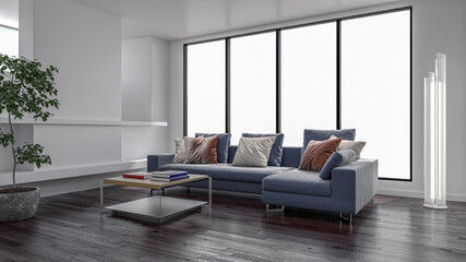 Fototapeta Illustration 3D rendering large luxury modern bright interiors Living room mockup computer digitally generated image obraz