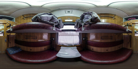 hdr panorama 360 view in interior of passenger compartment inside a railway carriage with double-decker berths and mattresses in equirectangular projection, VR AR content
