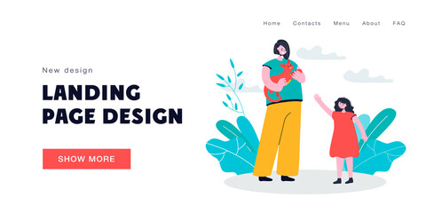 Mother holding cat in hands and daughter standing next to her. Woman stroking lovely pet, spending time together. Animal companion concept for banner, website design or landing web page