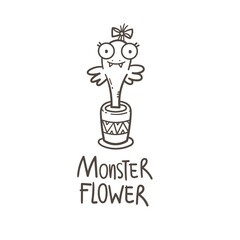 Obraz premium Card with cute plant monster. Comic drawing of predatory flower. Vector doodle image.
