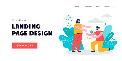 Obraz premium Man proposing to woman vector illustration. Male character standing on one knee giving wedding ring to happy smiling female. Proposal, marriage concept for banner, website design, landing web page