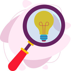 Magnifying optical glass with a light bulb icon. A magnifying glass examines the symbol of thought and idea. Business ideas.