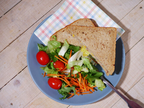 Tuna Sandwich With Healthy Salad Overhead Wide Shot