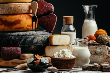 Different sorts of cheese wheels at a market. dairy products. large assortment of international cheese specialities on black background