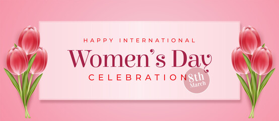 Happy women's day banner with element decoration on romantic pink background
