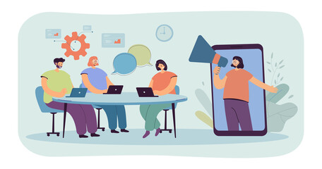 Manager making announcement to team of office workers via phone. Business people sitting at table with laptops flat vector illustration. Teamwork, management concept for banner or landing web page