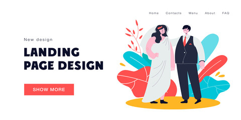 Man and woman at wedding vector illustration. Male character in suit and female in dress in Greek style together. Partying, going out concept for banner, website design, landing web page
