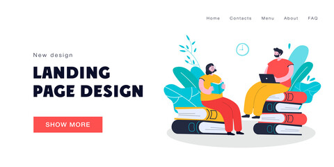 Tiny people reading books. Woman reading paper books. Man sitting with laptop. Self-education, school, knowledge concept for banner, website design or landing web page