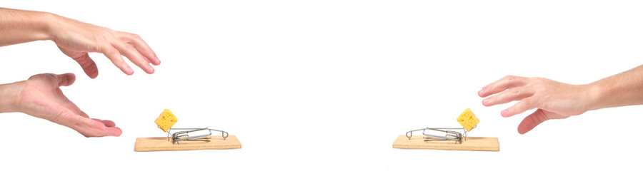 Banner, hands reach for cheese in mousetrap.