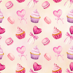 Watercolor seamless pattern with cupcake, macaroon and lollipop light pink on white background.