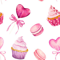Watercolor seamless pattern with cupcake, macaroon and lollipop isolated on white background.