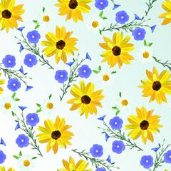 Floral arrangement of flowers of sunflower,  chamomile, flax, flowers and blossoms linen close up on light blue abstract background, seamless floral texture, vector