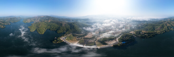 beautiful panoramic landscape aerial view mae suai dam or reservoir blue sky background at chiang rai Thailand - obrazy, fototapety, plakaty