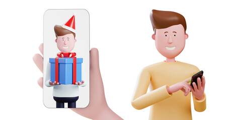 3d cartoon man sending a man holding gift box messages on smartphone.