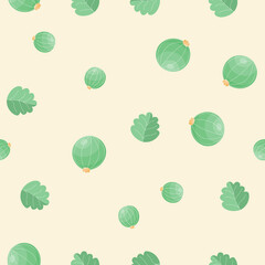 Seamless vector pattern with the image of green gooseberry berries and its leaves on a white background. Print for factories, textiles, mugs, packaging paper. Forest plants