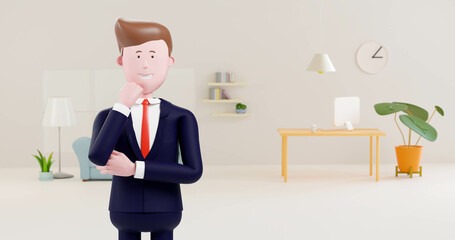 3d Cartoon Business man thinking at office. Suit man.3d render