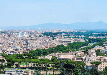 Fototapeta na wymiar Panoramic view of Rome from a viewpoint at the dome of St Peter's Basilica - Rome, Italy