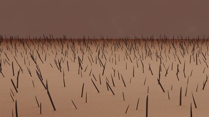 Hair growing on skin. Hair growth on scalp. 3d  illustration render strands of hair , fur . Extreme closeup magnification