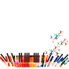 Fototapeta premium Piano keys with hummingbirds isolated for live concert events, jazz music festivals and shows, party flyer. Musical promotional poster with piano keyboard colorful vector illustration