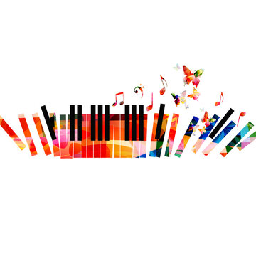 Piano Keys With Musical Notes Isolated For Live Concert Events, Jazz Music Festivals And Shows, Party Flyer. Musical Promotional Poster With Piano Keyboard Colorful Vector Illustration