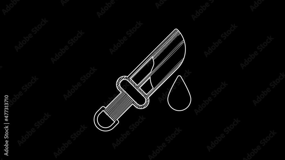 Poster white line bloody knife icon isolated on black background. 4k video motion graphic animation