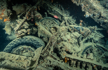 Motorbike wrecks inside the SS Thistlegorm, Red Sea, Egypt 
