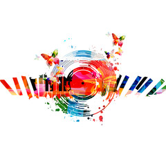 Piano keys with vinyl record disc and butterflies colorful vector illustration. Live concert events and jazz music festivals and shows promotional poster, party flyer