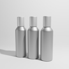 three metallic bottles a front view with metallic cap 3d render