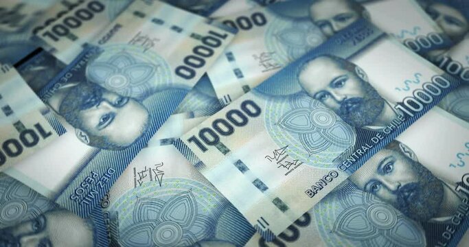 Chile Peso growing pile of money. CLP banknotes loop rotaring. Seamless and looped background concept of finance, economy crisis, inflation and business.