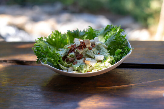 Close up ohoto of Caesar Salad and blurred nature background