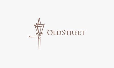 vector graphic illustration logo design for old street with street lights, street lamp in vintage retro style
