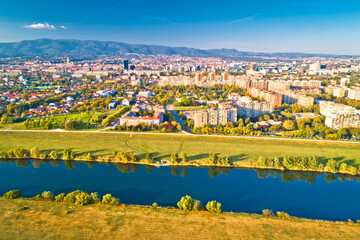 Zagreb. Aerial view of Sava river and city of Zagreb panorama