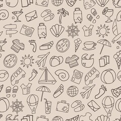 Coffee colored seamless pattern with doodle painted cartoon travel items