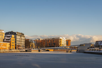 A view of the footbridge in Gdańsk in the winter morning.