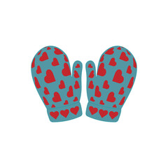 Winter mittens icon with a pattern of hearts of different sizes on a white background.