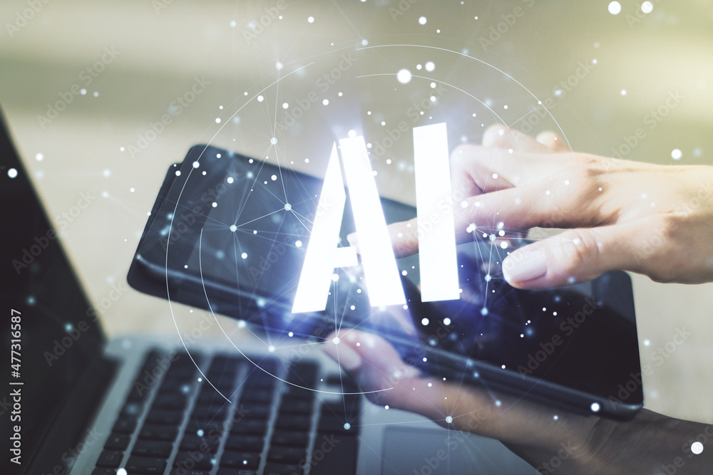 Aufkleber creative artificial intelligence symbol concept with finger clicks on a digital tablet on background