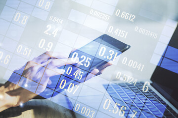 Double exposure of abstract creative statistics data hologram with finger clicks on a digital...