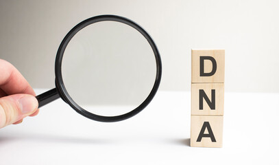 Lettering dna on wooden cubes on a gray background