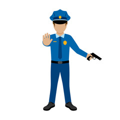 Police officer holding a gun and gesturing stop icon vector. Security guard male icon isolated on a white background. Policeman in blue uniform graphic design element
