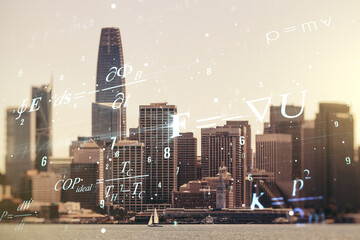 Scientific formula illustration on San Francisco cityscape background, science and research...